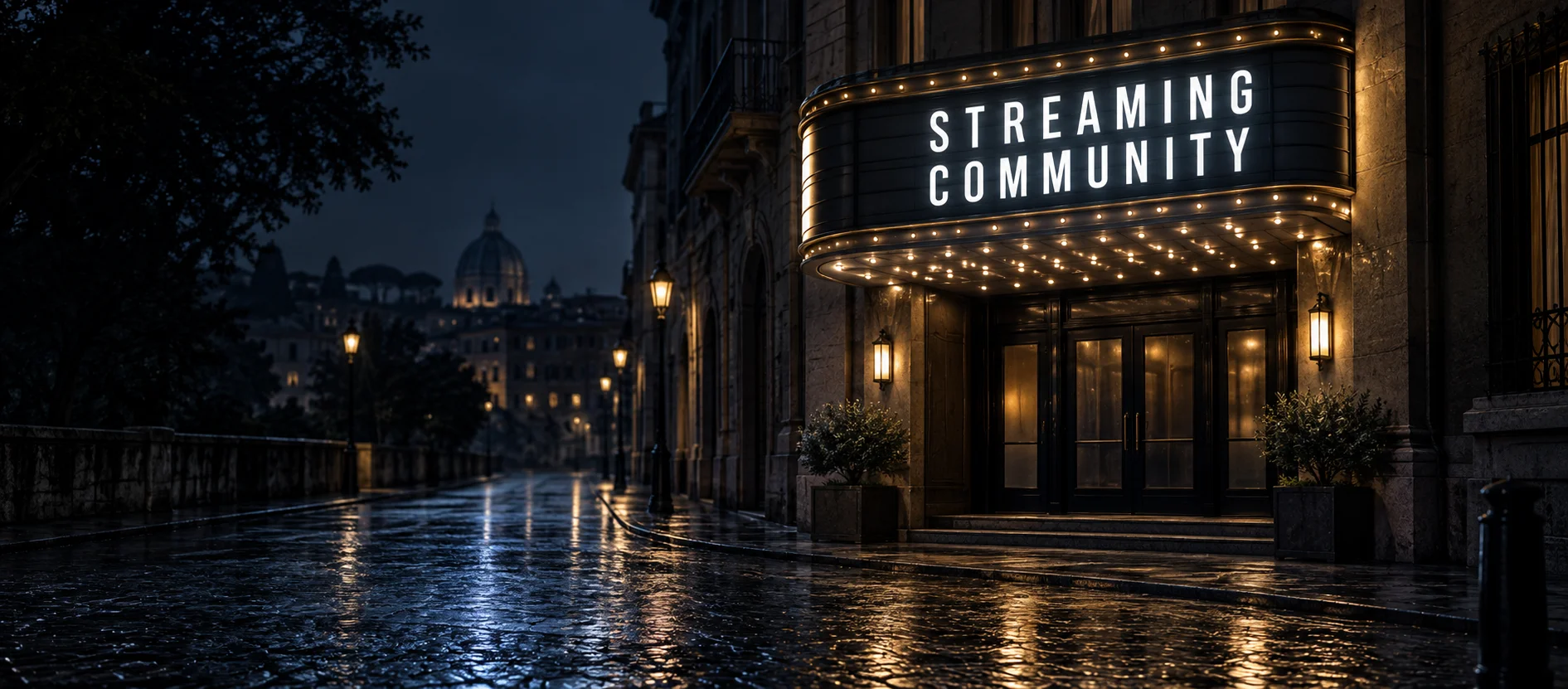 Streaming Community, insegna luminosa di un cinema nella città di notte